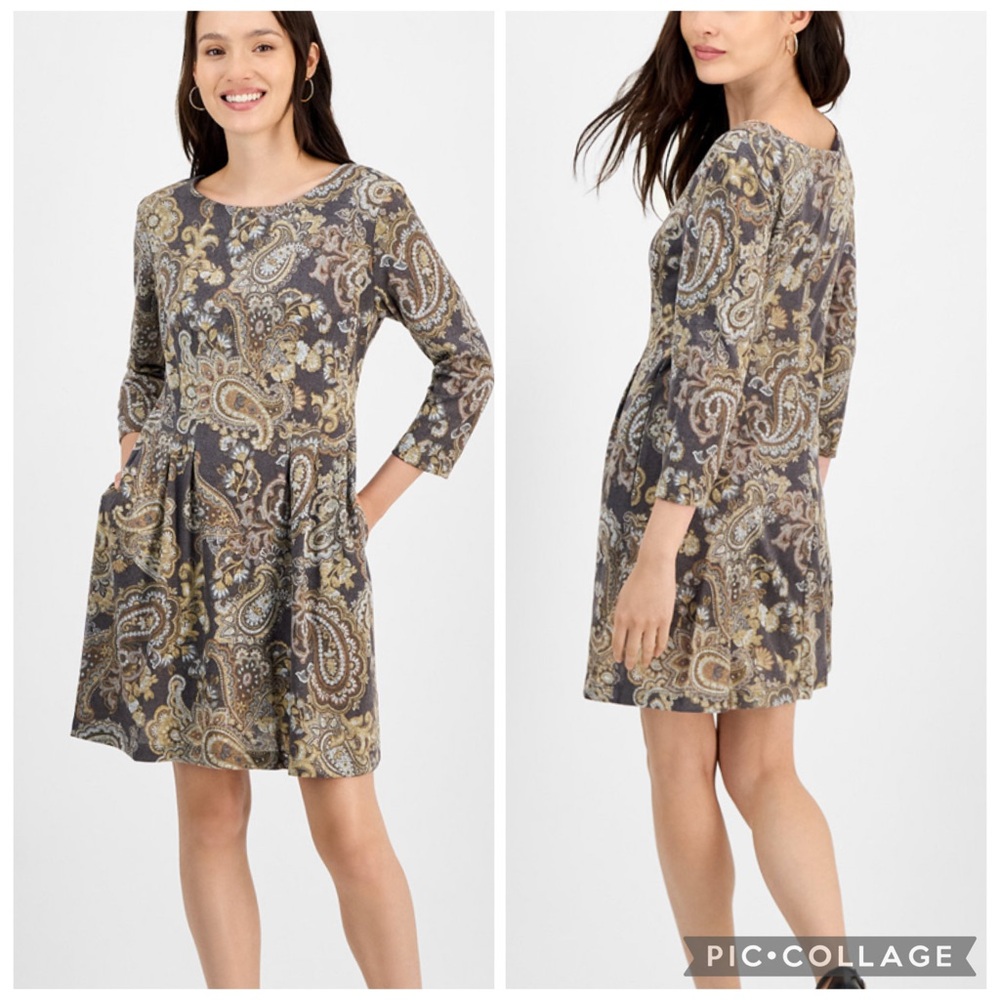 Connected Apparel Women’s Grey Green Paisley Round Neck Knit Dress Size 14 NWT